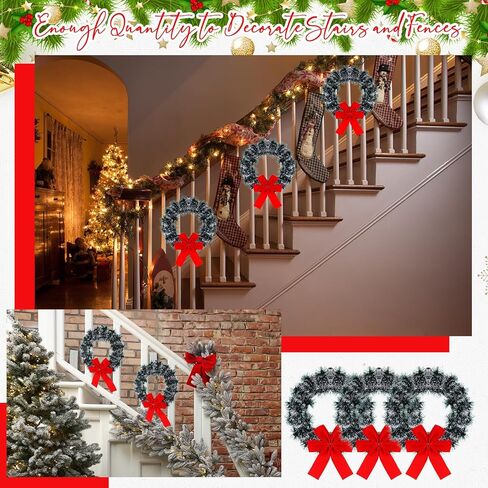 24 Pack 9.5 Inch Christmas Tinsel Wreath with Red Velvet Bow Cabinet Bows Chair Wreaths for Windows Kitchen Home Decoration Holiday Crafting in Saudi Arabia