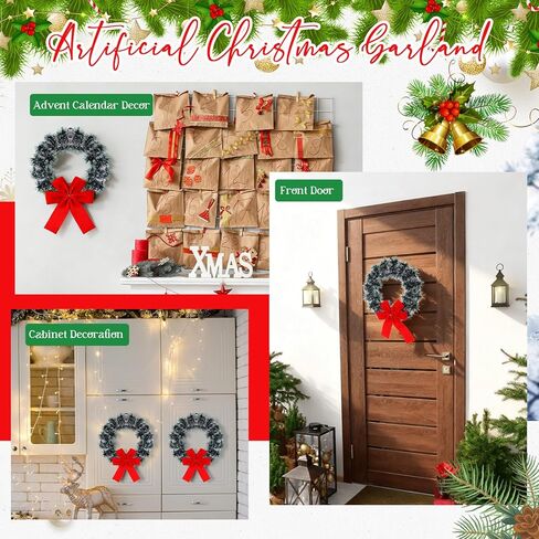 24 Pack 9.5 Inch Christmas Tinsel Wreath with Red Velvet Bow Cabinet Bows Chair Wreaths for Windows Kitchen Home Decoration Holiday Crafting in Saudi Arabia