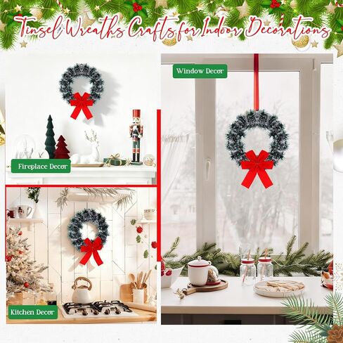 24 Pack 9.5 Inch Christmas Tinsel Wreath with Red Velvet Bow Cabinet Bows Chair Wreaths for Windows Kitchen Home Decoration Holiday Crafting in Saudi Arabia