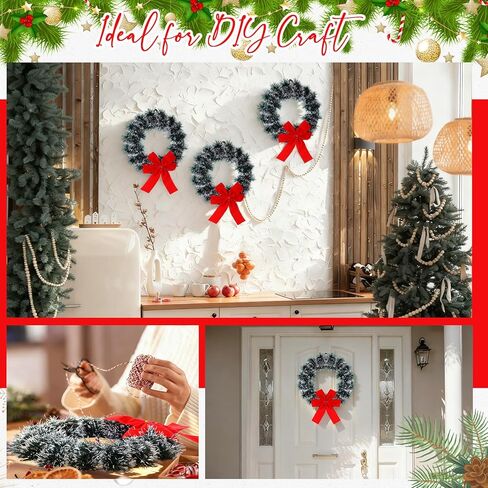 24 Pack 9.5 Inch Christmas Tinsel Wreath with Red Velvet Bow Cabinet Bows Chair Wreaths for Windows Kitchen Home Decoration Holiday Crafting in Saudi Arabia