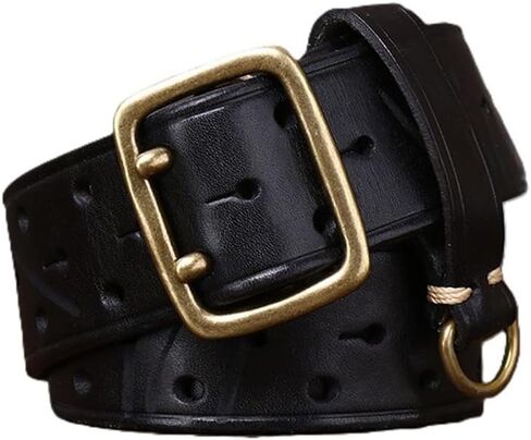 Men's Women's Hollow Leather Double Prong Belt,Grommet Holes Solid Brass Buckle Handmade Vintage Strap for Durable Use in Saudi Arabia