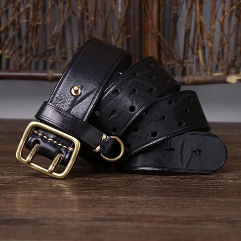 Men's Women's Hollow Leather Double Prong Belt,Grommet Holes Solid Brass Buckle Handmade Vintage Strap for Durable Use in Saudi Arabia