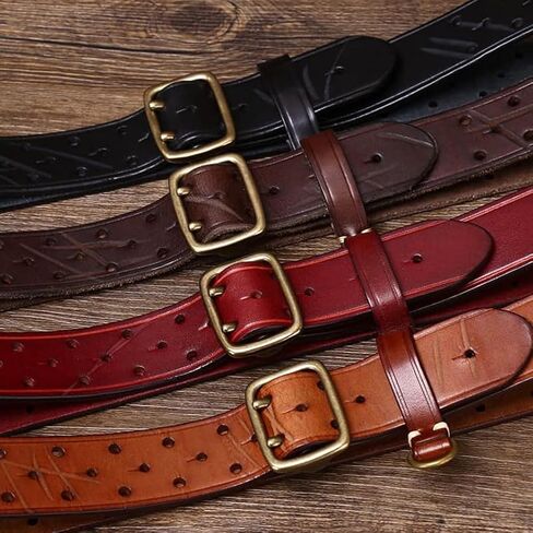 Men's Women's Hollow Leather Double Prong Belt,Grommet Holes Solid Brass Buckle Handmade Vintage Strap for Durable Use in Saudi Arabia