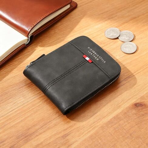 Leather Wallets for Men with Zipper, Wear-resistant Bifold Wallet for Men with ID Window, Card Cases & Money Organizers, Coffee brown in Saudi Arabia