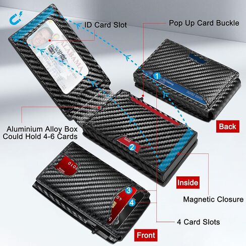 محفظة للرجال، حافظة حامل بطاقات الائتمان المنبثقة من البنك، حجب RFID، مدمجة، ذكية، نحيفة، بسيطة، رفيعة، سعة 11 بطاقة | نافذة الهوية | معدن الومنيوم | نمط ألياف الكربون | النساء (أسود) in Saudi Arabia