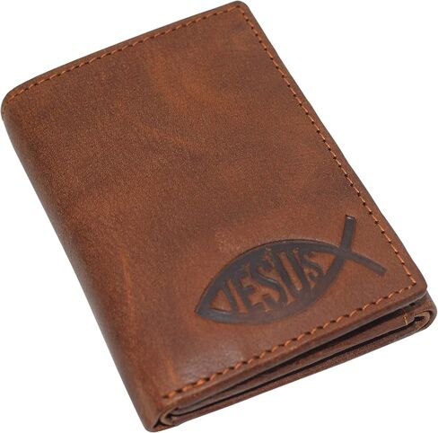 Jesus Fish Men's RFID Blocking Genuine Leather Bifold Trifold Ichthys Wallet (Trifold) in Saudi Arabia