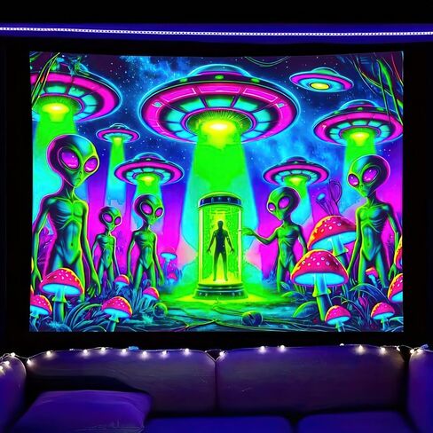 BlissYard Alien Blacklight نسيج الأشعة فوق البنفسجية التفاعلية Trippy Neon UFO جدار ديكور مخدر الغريبة الجدار شنقا لغرفة النوم غرفة النوم ديكور خلفية الحفلة 78 × 59 بوصة in Kuwait