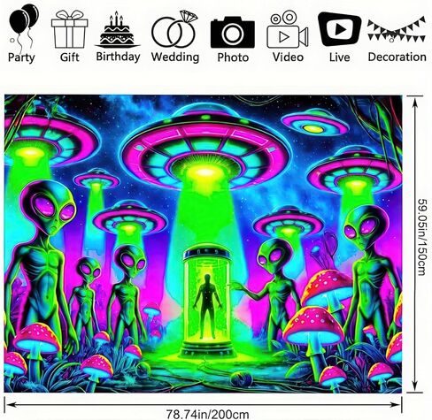 BlissYard Alien Blacklight نسيج الأشعة فوق البنفسجية التفاعلية Trippy Neon UFO جدار ديكور مخدر الغريبة الجدار شنقا لغرفة النوم غرفة النوم ديكور خلفية الحفلة 78 × 59 بوصة in Kuwait