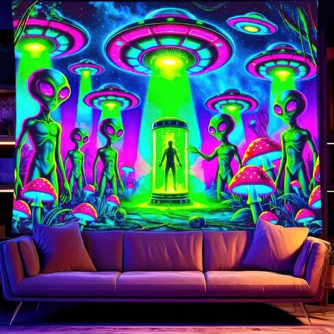 BlissYard Alien Blacklight نسيج الأشعة فوق البنفسجية التفاعلية Trippy Neon UFO جدار ديكور مخدر الغريبة الجدار شنقا لغرفة النوم غرفة النوم ديكور خلفية الحفلة 78 × 59 بوصة in Kuwait