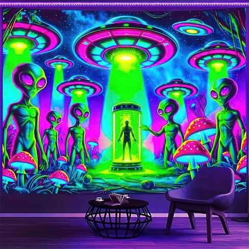 BlissYard Alien Blacklight نسيج الأشعة فوق البنفسجية التفاعلية Trippy Neon UFO جدار ديكور مخدر الغريبة الجدار شنقا لغرفة النوم غرفة النوم ديكور خلفية الحفلة 78 × 59 بوصة in Kuwait