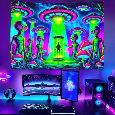 BlissYard Alien Blacklight نسيج الأشعة فوق البنفسجية التفاعلية Trippy Neon UFO جدار ديكور مخدر الغريبة الجدار شنقا لغرفة النوم غرفة النوم ديكور خلفية الحفلة 78 × 59 بوصة in Kuwait