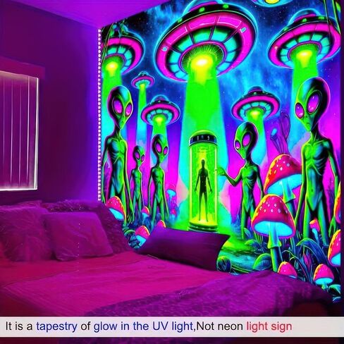 BlissYard Alien Blacklight نسيج الأشعة فوق البنفسجية التفاعلية Trippy Neon UFO جدار ديكور مخدر الغريبة الجدار شنقا لغرفة النوم غرفة النوم ديكور خلفية الحفلة 78 × 59 بوصة in Kuwait