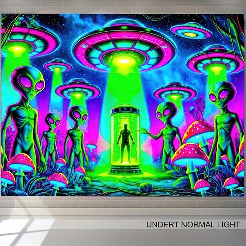 BlissYard Alien Blacklight نسيج الأشعة فوق البنفسجية التفاعلية Trippy Neon UFO جدار ديكور مخدر الغريبة الجدار شنقا لغرفة النوم غرفة النوم ديكور خلفية الحفلة 78 × 59 بوصة in Kuwait