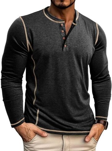 Men's Henley Long Sleeve Shirts Casual Soft Tee Athletic Shirt Basic Slim-Fit T-Shirt Button Stretch Top in Saudi Arabia