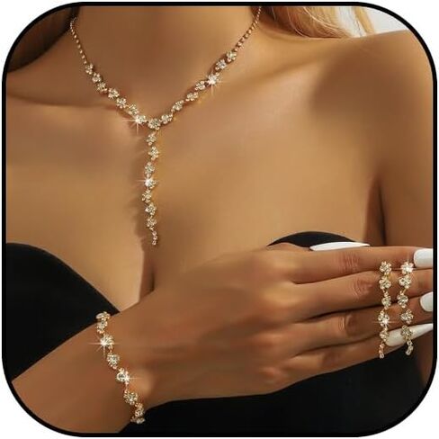 Bridal Wedding Jewelry Set Gold Silver Rhinestone Necklace Earrings Bracelet Set for Brides Bridesmaid Prom Costume Accessories in Saudi Arabia