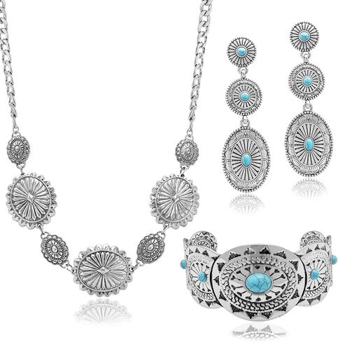 3 Pcs Western Concho Costume Jewelry Set for Women Western Dangle Earrings Boho Choker Necklace Bohemian Cuff Bracelet Cowboy Chic Country Concert Outfits for Women Christmas Jewelry Gift in Kuwait