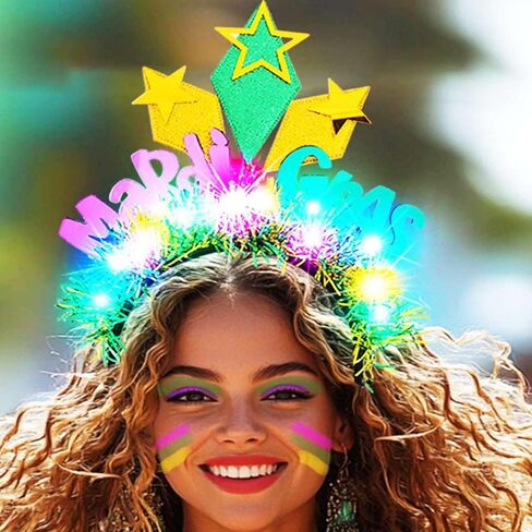 عصابة رأس مضيئة من Latious Mardi Gras، غطاء رأس كرنفال LED لامع باللون الأخضر والأرجواني الذهبي للنساء والفتيات in Saudi Arabia