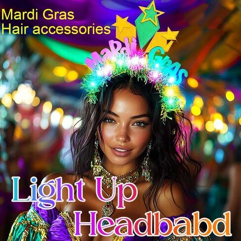 عصابة رأس مضيئة من Latious Mardi Gras، غطاء رأس كرنفال LED لامع باللون الأخضر والأرجواني الذهبي للنساء والفتيات in Saudi Arabia