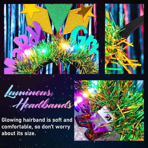 عصابة رأس مضيئة من Latious Mardi Gras، غطاء رأس كرنفال LED لامع باللون الأخضر والأرجواني الذهبي للنساء والفتيات in Saudi Arabia