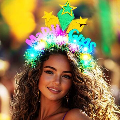 عصابة رأس مضيئة من Latious Mardi Gras، غطاء رأس كرنفال LED لامع باللون الأخضر والأرجواني الذهبي للنساء والفتيات in Saudi Arabia