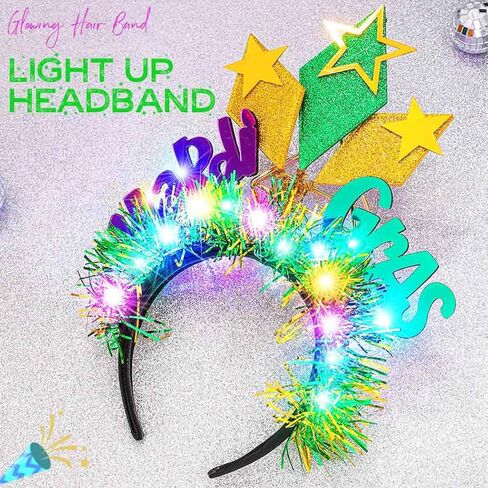 عصابة رأس مضيئة من Latious Mardi Gras، غطاء رأس كرنفال LED لامع باللون الأخضر والأرجواني الذهبي للنساء والفتيات in Saudi Arabia