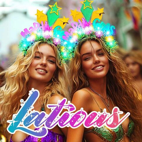 عصابة رأس مضيئة من Latious Mardi Gras، غطاء رأس كرنفال LED لامع باللون الأخضر والأرجواني الذهبي للنساء والفتيات in Saudi Arabia