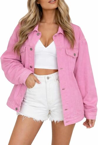 Kedera Women's Oversized Jean Jacket Long Blue Denim Jacket Long Sleeve Button Down Trucker Jacket Shacket Fall Coats in Kuwait