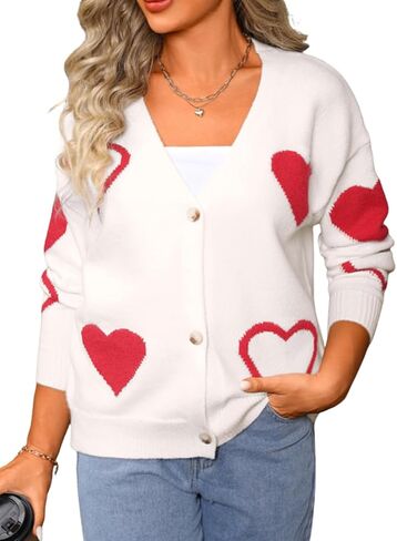 Women Cute Heart Cardigan, V Neck Open Front Button Down Valentines Sweater, Long Sleeve Drop Shoulder Soft Sweaters in Saudi Arabia