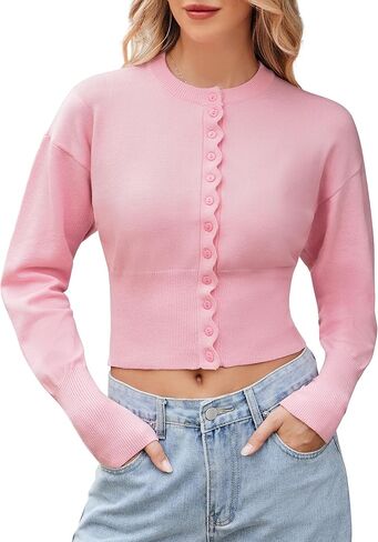 Womens Cropped Cardigan Sweaters Button up Fitted Long Sleeve Crew Neck Ribbed Knit Crop Top in Saudi Arabia