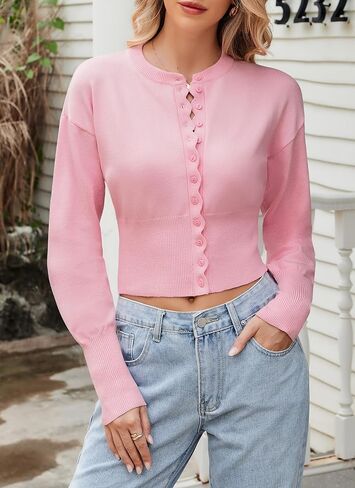 Womens Cropped Cardigan Sweaters Button up Fitted Long Sleeve Crew Neck Ribbed Knit Crop Top in Saudi Arabia