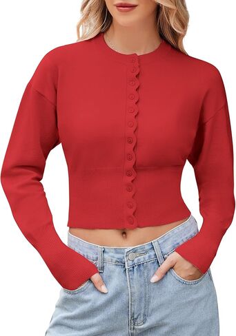 Womens Cropped Cardigan Sweaters Button up Fitted Long Sleeve Crew Neck Ribbed Knit Crop Top in Saudi Arabia