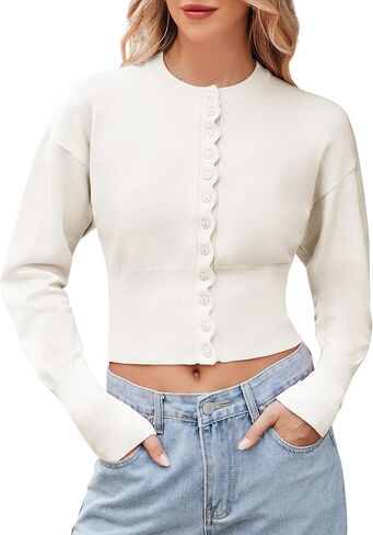 Womens Cropped Cardigan Sweaters Button up Fitted Long Sleeve Crew Neck Ribbed Knit Crop Top in Saudi Arabia
