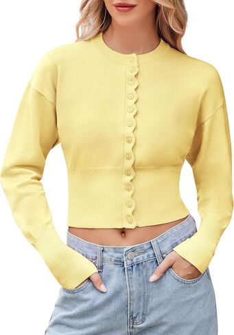 Womens Cropped Cardigan Sweaters Button up Fitted Long Sleeve Crew Neck Ribbed Knit Crop Top in Saudi Arabia