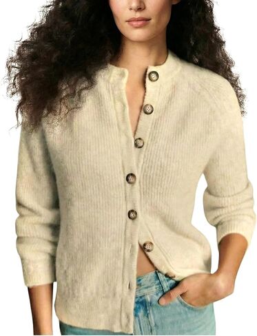 Wyeysyt Womens Crewneck Cardigan Sweater Chunky Knit Sweater Button Down Loose Casual Cardigan in Kuwait