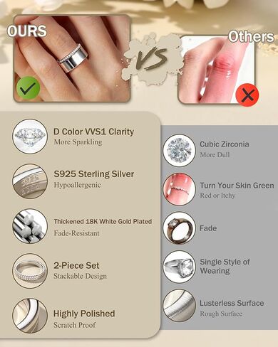 2Pcs Moissanite Rings for Women : 18K White Gold Plated 925 Sterling Silver Engagement Ring Eternity Wedding Band Dainty Moissanite Stackable Jewelry Set D Color VVS1 Clarity Size 4-10 in Saudi Arabia