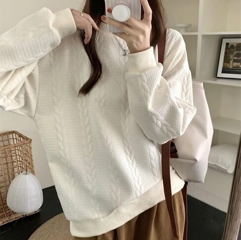 سويت شيرت نسائي كبير الحجم بياقة مدورة وأكمام طويلة، بلوفر كاجوال ناعم ودافئ موضة الخريف in Kuwait