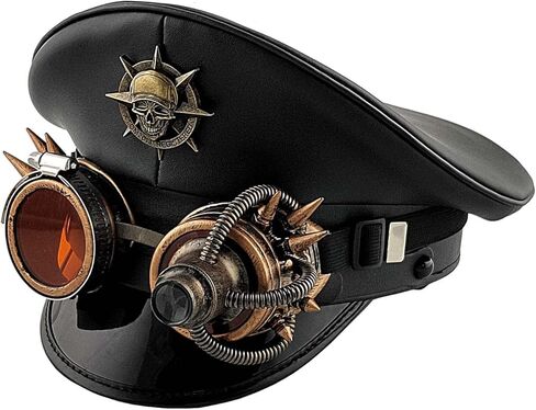 قبعة عسكرية من الجلد للضابط على الطراز الألماني xtom2013 مع نظارات Steampunk لحفلات الهالوين للجنسين (قبعة مع نظارات 59 سم) in Saudi Arabia