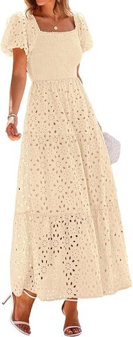 PRETTYGARDEN Summer Dresses for Women 2025 Eyelet Square Neck Puff Sleeve Smocked Wedding Guest Maxi Dress with Pockets in Kuwait
