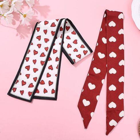 أوشحة نحيفة بطبعة قلب لعيد الحب، طقم مكون من قطعتين، ربطة عنق وشريط شعر، أحمر وأبيض in Kuwait