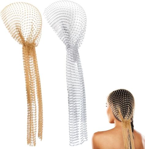 2Pcs 2 Colors Silver Gold Rhinestone Diamond Mesh Head Scarf Sparkly Headpiece Crystal Headbands Glitter Bling Hollow Out Headwraps Hair Accessories for Women Holiday Rave Party Nightclub in Saudi Arabia