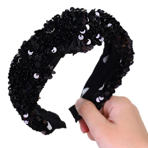 Wide Sparkly Sequins Knotted Headband Cross Twisted Hairband for Women Daily Party Nightclub Head Bands (Black) in Saudi Arabia