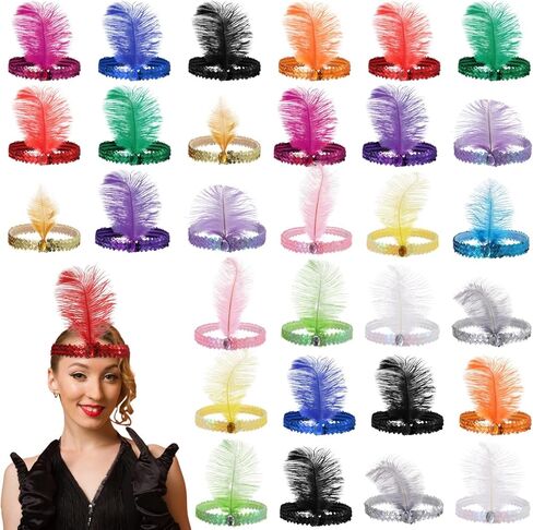 30 PCS 1920s Flapper Headbands, Sparkling Sequin Feather Head Band for Women, 15 Colors Elastic Vintage Rhinestone Headpieces for Carnivals, Retro Parties, Themed Events in Saudi Arabia