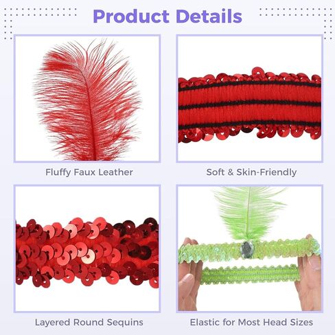 30 PCS 1920s Flapper Headbands, Sparkling Sequin Feather Head Band for Women, 15 Colors Elastic Vintage Rhinestone Headpieces for Carnivals, Retro Parties, Themed Events in Saudi Arabia