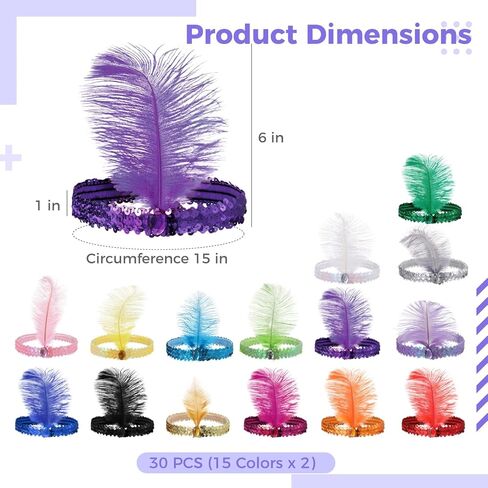30 PCS 1920s Flapper Headbands, Sparkling Sequin Feather Head Band for Women, 15 Colors Elastic Vintage Rhinestone Headpieces for Carnivals, Retro Parties, Themed Events in Saudi Arabia