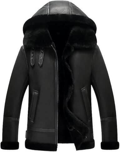 Hooded Shearling Jacket Mens B3 Flight Jacket Short Leather Jacket Mans Sheepskin Aviator Fur Coat in Saudi Arabia