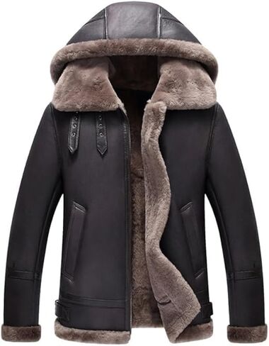 Hooded Shearling Jacket Mens B3 Flight Jacket Short Leather Jacket Mans Sheepskin Aviator Fur Coat in Saudi Arabia