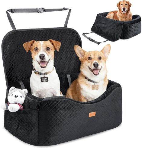 Dog Car Seat for Large Dogs up to 55 lbs or 2 Small Dogs with 4" Memory Foam, Medium Pet Booster Seat Cover with Triple Safety Belts, Adjustable Leashes, Detachable/Washable (Dark Black, Large) in Kuwait
