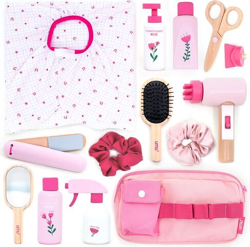 Kids Hair Salon Playset, Wooden Makeup Toy Set, Hair Styling Toys for Girls, Kids Shaving Kit for Boys, Kids Barber Playset, Gifts for 3 4 5 Year Old Girls Boys (18 PCS) in Kuwait