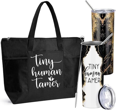 2 Pcs Tiny Human Tamer Gifts Daycare Teacher Appreciation Week Gift 20 oz Tumbler with Lid Tote Bag with Mesh Pockets Thank You Gift for Kindergarten Teacher Graduation Favors(Tamer,Green) in Saudi Arabia