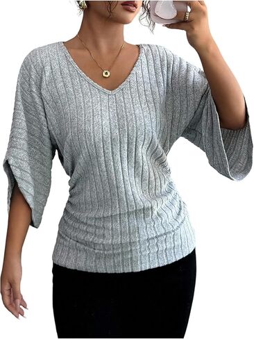 Milumia Women's Textured V Neck Half Sleeve T Shirt Ribbed Knit Ruched Cinched Wasit Tops in Saudi Arabia